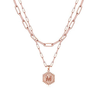 M MOOHAM Dainty Initial Necklaces for Women, 14K-Gold-Plated Layering Necklace for Women Cute Hexagon Letter Initial Necklace Layered Necklaces for Womens Teen Girl Gifts - color: Rose Gold Plated, style: M