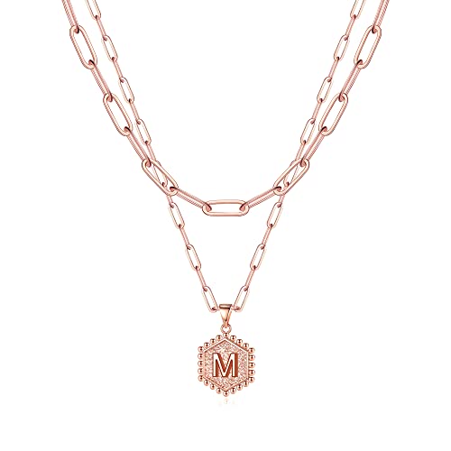 M MOOHAM Dainty Initial Necklaces for Women, 14K-Gold-Plated Layering Necklace for Women Cute Hexagon Letter Initial Necklace Layered Necklaces for Womens Teen Girl Gifts - color: Rose Gold Plated, style: M