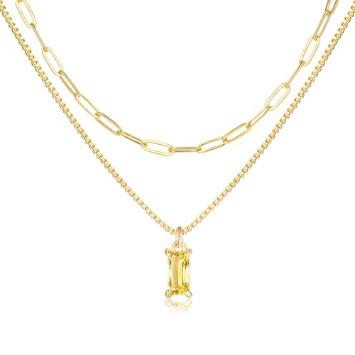 Dainty Gold Charm Necklaces for Women Non Tarnish, 14K Trendy Blue Green Cubic Zirconia Emerald Pendant Birthstone Necklaces Birthday Gifts for Women Waterproof Jewelry - color: 11-November(Citrine)