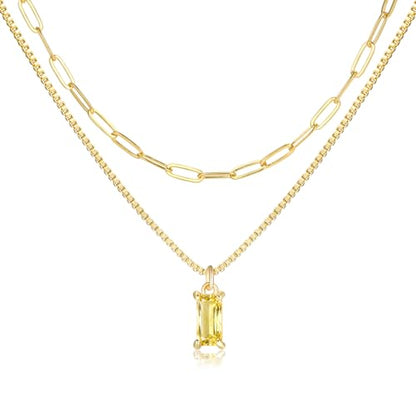 Dainty Gold Charm Necklaces for Women Non Tarnish, 14K Trendy Blue Green Cubic Zirconia Emerald Pendant Birthstone Necklaces Birthday Gifts for Women Waterproof Jewelry - color: 11-November(Citrine)