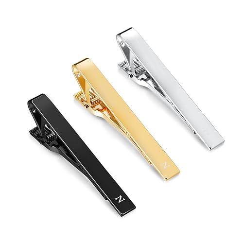 3Pcs Stainless Steel Tie Clips for Men Unique Gold Tie Bar Pin Tack Set | 3 Pcs Elegant Personalized Classic Letter Tie Clips for Men, Silver and Black Tone