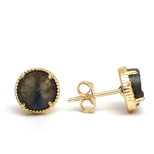 Gempires Gemstone Stud Earrings for Women 14k Gold Plated Prong Set Genuine Crystal Hypoallergenic Handmade Minimal Everyday Jewelry Elegant Birthstone Earrings Gift for Her - style: Labradorite