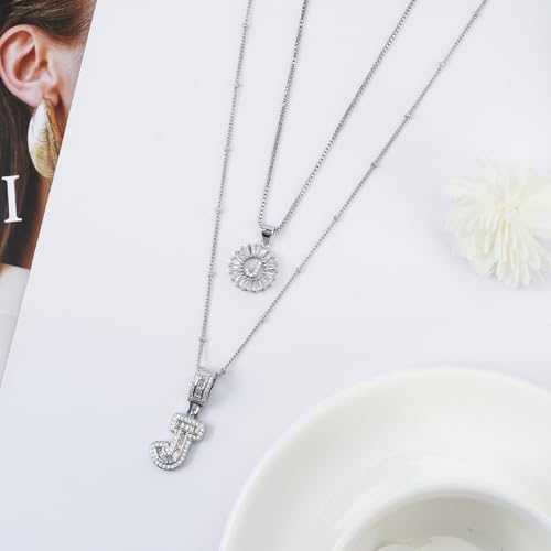 14K Gold Plated Alphabet Necklace Cubic Zirconia Letter Pendant, Personalized Name Jewelry Gift for Women, Customizable A-Z, Birthday/Mothers Day Gifts for Womens - color: White Gold, style: Style-J