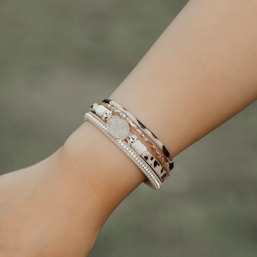Boho Chunky Leather Wrap Bracelets Stackable Beaded Western Country Jewelry | Crystal Bead Trendy Layered Cuff Magnetic Clasp Stack Bohemian Statement Costume Outfits Cowgirl Fashion Hippie Accessories - color: Leopard, size: 7.7"