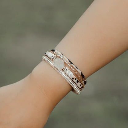 Boho Chunky Leather Wrap Bracelets Stackable Beaded Western Country Jewelry | Crystal Bead Trendy Layered Cuff Magnetic Clasp Stack Bohemian Statement Costume Outfits Cowgirl Fashion Hippie Accessories - color: Leopard, size: 7.7"