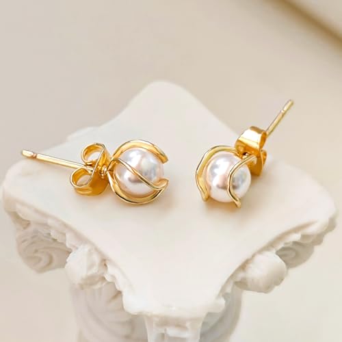 Pearl Earrings for Women 14k Gold/Silver Pearl Drop Earrings Long White Pearl Tassel Dangle Statement Earrings Bridal Wedding Dainty Prom Earrings Birthday Gifts Jewelry - color: Gold Caged Pearl+Ball Stud Earrings