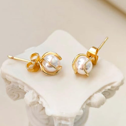 Pearl Earrings for Women 14k Gold/Silver Pearl Drop Earrings Long White Pearl Tassel Dangle Statement Earrings Bridal Wedding Dainty Prom Earrings Birthday Gifts Jewelry - color: Gold Caged Pearl+Ball Stud Earrings