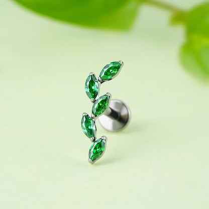 FINE4U 16G CZ Cluster Climber Cartilage Earring for Helix, Tragus - ASTM F136 Titanium Triple Marquise Labret Stud, Screw on Nickel Free Flat Back Jewelry - color: Five Marquise - Green CZ - Tit