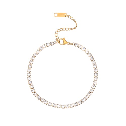 Anklets for Women, 18K Gold Plated Dainty Ankle Bracelets with Tennis, Pearl, Daisy, Lip, Snake Chain, Layered CZ Anklet Waterproof, Adjustable Boho Summer Beach Foot Jewelry - style: 3mm Tennis