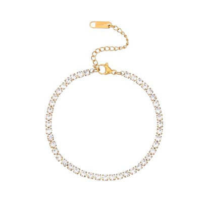 Anklets for Women, 18K Gold Plated Dainty Ankle Bracelets with Tennis, Pearl, Daisy, Lip, Snake Chain, Layered CZ Anklet Waterproof, Adjustable Boho Summer Beach Foot Jewelry - style: 3mm Tennis
