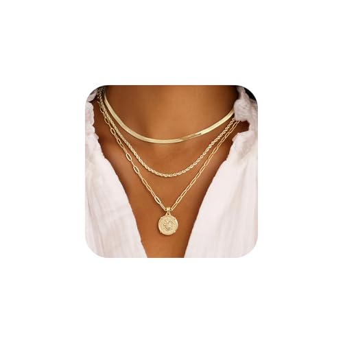 M MOOHAM Layered Gold Necklaces Stack for Women No Tarnish | 14K Gold Plated, Stackable Pendant Necklace Set, Snake Rope Cuban Paperclip Chain, CZ Coin Pendant, Dainty Jewelry Gifts - color: 3 Layered Snake Rope Coin Medallion Pendant-Gold