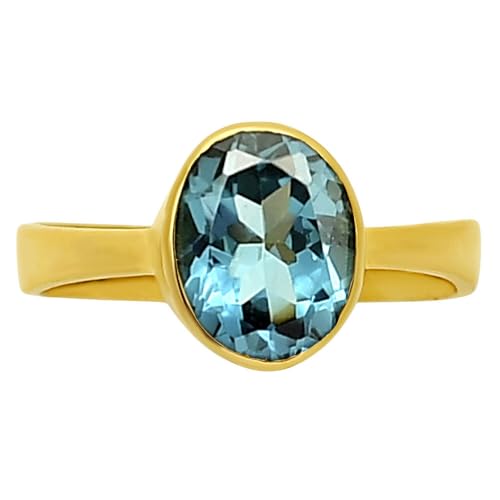 18K Gold Filled Non-Tarnish Ring for Women – Oval Multi Gemstone Solitaire Band – Classic Birthstone Jewelry for Everyday Wear - color: London Blue Topaz