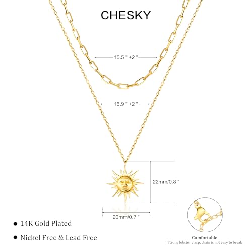 CHESKY Layered Necklaces for Women Trendy, Dainty 14k Gold Plated Pendant Necklace Layering Necklace for Women Non Tarnish Hypoallergenic Sun Gold Necklace Stack Gold Jewelry for Women Gifts - style: Sun-God2