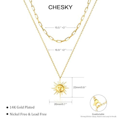 CHESKY Layered Necklaces for Women Trendy, Dainty 14k Gold Plated Pendant Necklace Layering Necklace for Women Non Tarnish Hypoallergenic Sun Gold Necklace Stack Gold Jewelry for Women Gifts - style: Sun-God2