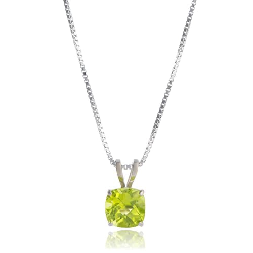 MAX + STONE 925 Sterling Silver Cushion Cut Birthstone Necklace for Women | 6mm Hypoallergenic Solitaire Necklace | Gemstone Pendant Necklaces with 18 inch Box Chain - color: Peridot