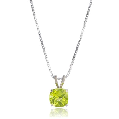 MAX + STONE 925 Sterling Silver Cushion Cut Birthstone Necklace for Women | 6mm Hypoallergenic Solitaire Necklace | Gemstone Pendant Necklaces with 18 inch Box Chain - color: Peridot