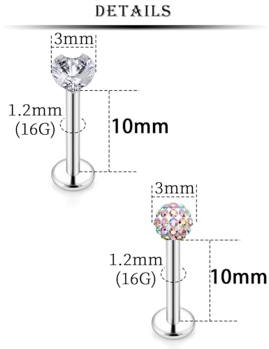 16G Lip Labret Medusa Rings Studs Internally Threaded 316L Surgical Steel Snake Bite Lip Rings Flat Back Catilage Tragus Helix Daith Earrings Piercings Jewelry for Women Men 8mm - color: 16G-10mm Bars