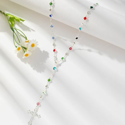 Colorful Crystal Long Necklace for Women Dainty Boho Y-Shaped Color Bead Necklaces Sparkly Rhinestone Pendant Layered Gold Long Chain Choker Good Luck Trend Jewelry Gift Jewelry - color: Cross Gold