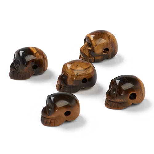 5pcs Gemstone Carved Skull Head Beads Natural Tiger Eye Healing Stone Skeleton Head Loose Beads 18x12mm with Half Drilled Hole for DIY Crafts Jewelry Making - color: Tiger Eye Stone