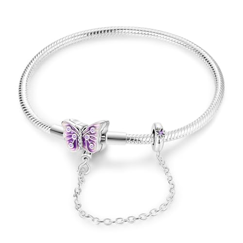 MULA 925 Sterling Silver Snake Chain Charm Bracelet Butterfly Heart Clover with 5A Cubic Zirconia Bracelets for Women - color: Purple Butterfly