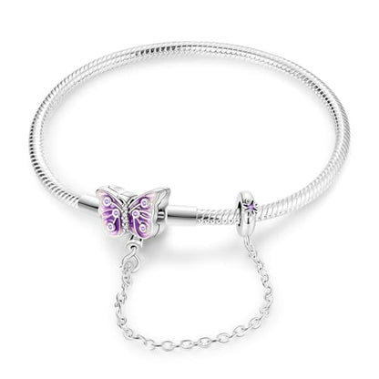 MULA 925 Sterling Silver Snake Chain Charm Bracelet Butterfly Heart Clover with 5A Cubic Zirconia Bracelets for Women - color: Purple Butterfly