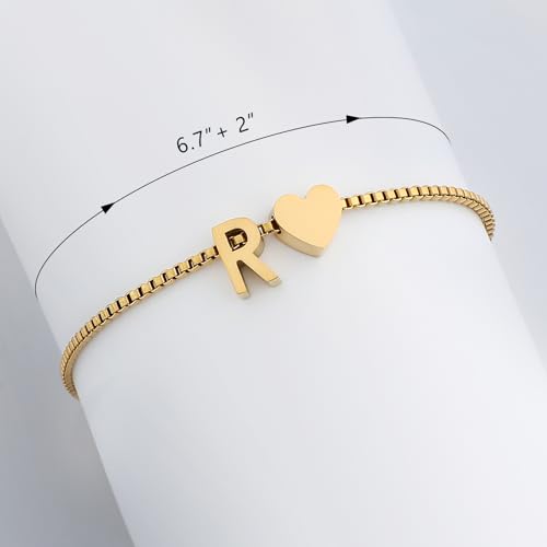 Gold Initial Bracelet for Women Dainty Personalized Name Bracelet | 14K Gold Plated, Letter A-Z Bracelet, Tiny Gold Initial Cute Heart Bracelet Jewelry Gift - color: R