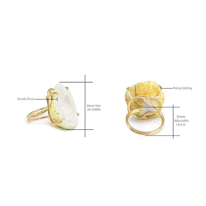 Elegant Geode Druzy Gemstone Statement Ring for Women, Adjustable Ring, Gold Plated Stone Size 20-25mm - color: Gray, style: 1