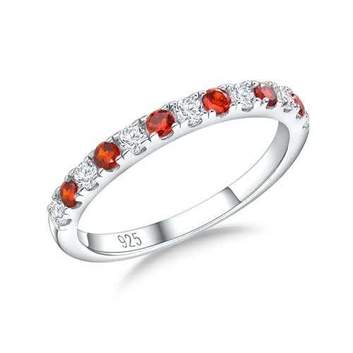 Birthstone Rings Eternity Band 925 Sterling Silver/Yellow Gold-Plated Created Gemstone Stackable Wedding Band 2.7mm Thin Half Eternity Rings for Women Size 6 to 10 - color: 01-Garnet-Jan.