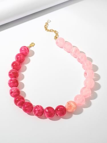 Chunky Beaded Necklaces for Women Statement Necklace | Bold Chunky Choker, Large Resin Beads, Adjustable Necklace, Boho Trendy Summer Beach Holiday Jewelry - color: Pink-02