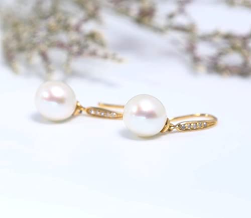 14K Gold Natural Diamond Pearl Earrings and Necklace (with 14k Gold Box Chain), Fine Jewelry for Her