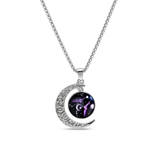Stainless Steel Mens Necklace 12 Zodiac Moon Galaxy Pendant Necklace,22.8 Inch Stainless Steel Chain, 1.13 Inch Aries/Pisces Celestial Crescent Moon Star Sign Charm Jewelry - style: Gemini（5.21-6.21）