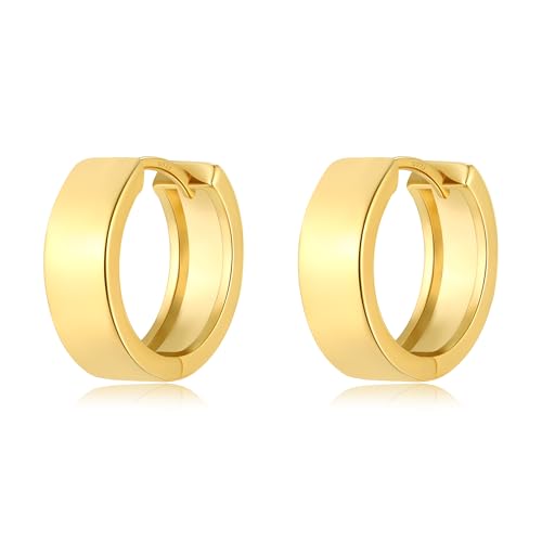 Simple Small Huggie Earrings for Women Trendy Wide Chunky Hoops | 925 Sterling Silver Post, 14K Gold or Silver Plated, Hypoallergenic Mini Cartilage Earring, Thick Hoop Earrings - color: Gold, size: 12mm
