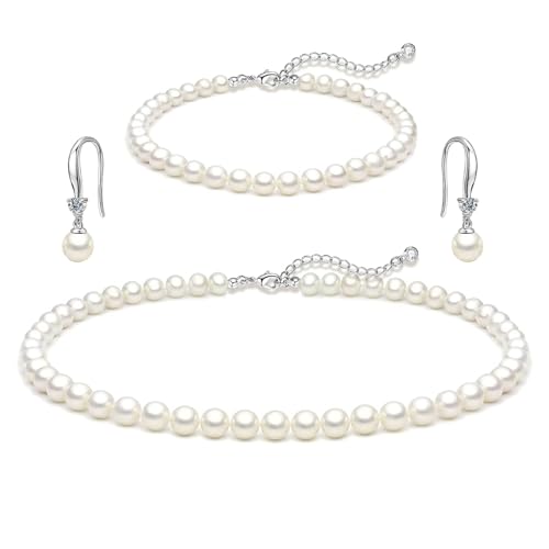 HERIER Gold Jewelry Set for Women - Dainty 14K Gold/Silver Plated Pearl Choker Necklace, Drop Earrings & Bracelets - Wedding Trendy Pearl Jewelry Gift - color: Pearl Necklace+Bracelet+Earrings-Silver