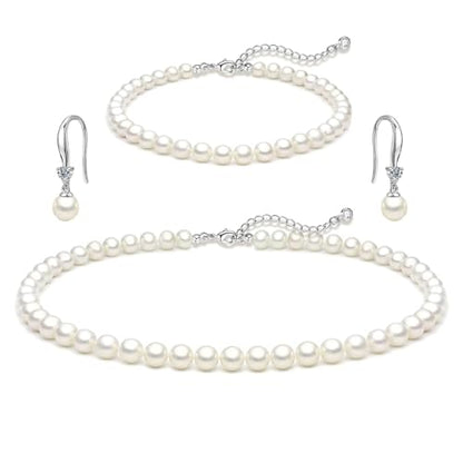HERIER Gold Jewelry Set for Women - Dainty 14K Gold/Silver Plated Pearl Choker Necklace, Drop Earrings & Bracelets - Wedding Trendy Pearl Jewelry Gift - color: Pearl Necklace+Bracelet+Earrings-Silver