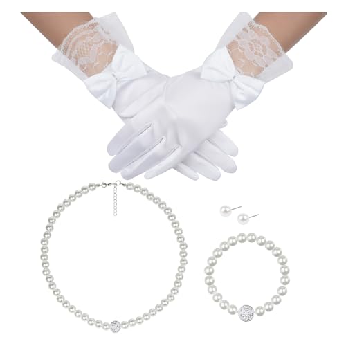 Marrywindix 4 Pcs Pearl Necklace Set Tea Party Gloves Pearl Necklace Bracelet Earring for Wedding Christmas Party Cosplay Accessories