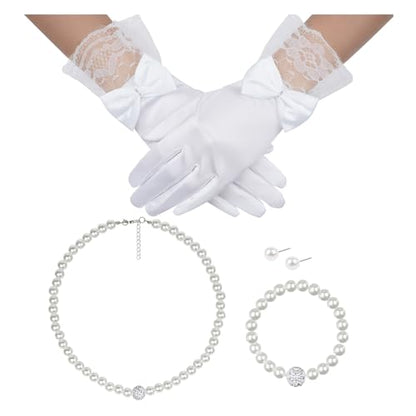 Marrywindix 4 Pcs Pearl Necklace Set Tea Party Gloves Pearl Necklace Bracelet Earring for Wedding Christmas Party Cosplay Accessories