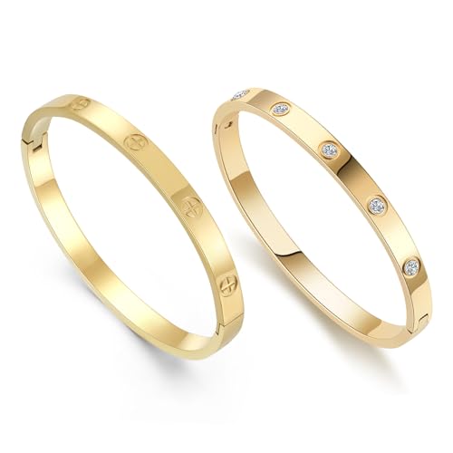 2-Pack Friendship Bracelets for Women, 18K Gold Plated CZ Cuffs - size: Small