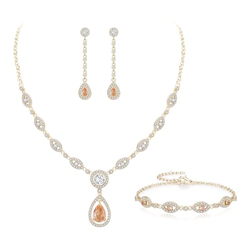 EVER FAITH Bridal Jewelry Set for Women, Stunning Teardrop Cubic Zirconia Birthstone Necklace Bracelet Earrings Sets Gift for Mothers Day/Valentines/Birthday/Christmas - color: Champagne