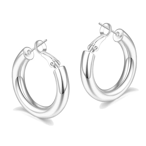 sovesi Chunky Hoop Earrings for Women, 14K Gold Plated Thick Hoops | 5mm Thick Hollow Tube Chunky Lightweight Hypoallergenic Hoop Earrings for Women - style: Silver 30MM
