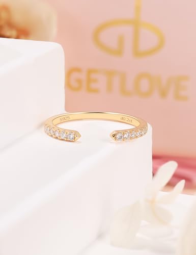Moissanite Open Ring Adjustable Stackable Engagement Anniversary Jewelry | Half Eternity Wedding Band, White Gold Plated Dainty, 925 Sterling Silver Rings for Women - color: Gold