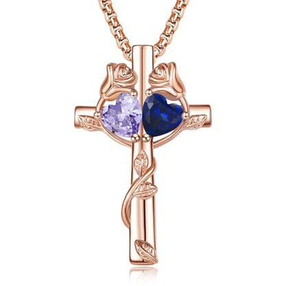Rose Gold Cross Necklace with 2 Birthstones and Rose | Cross with Birthstone Necklace, Hypoallergenic, Adjustable Rolo Chain, Birthday Gifts, Catholic Christian Religious Jewelry - color: 06-09-Jun-Sept Birthstone