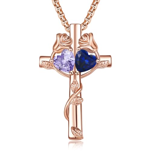 Rose Gold Cross Necklace with 2 Birthstones and Rose | Cross with Birthstone Necklace, Hypoallergenic, Adjustable Rolo Chain, Birthday Gifts, Catholic Christian Religious Jewelry - color: 06-09-Jun-Sept Birthstone