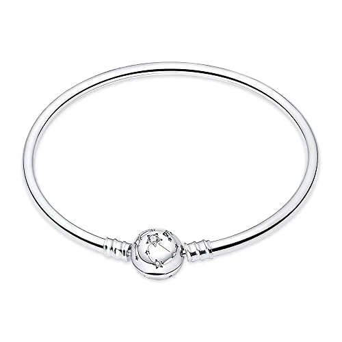HappyStar 925 Sterling Silver Snake Chain Bracelet Fully compatible with Pandora charms, With Mickey Mouse head Clasp Charm Bracelets Gifts for Teen Women - color: Glossy Circle Constellation Clasp, size: 6.7 in/17 cm（For wrist size 5.9in）