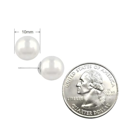 White Faux Pearl Stud Earrings, S925 Silver Posts Hypoallergenic for Women - color: White, size: 10mm