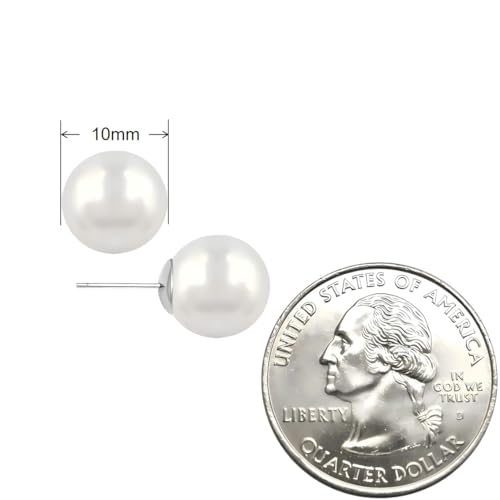 White Faux Pearl Stud Earrings, S925 Silver Posts Hypoallergenic for Women - color: White, size: 10mm
