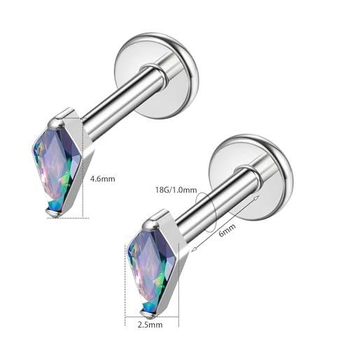 BelezaDosas G23 Hypoallergenic 18g Flat Back Studs Earrings F136 Implant Grade Titanium Tiny Press Fit Threadless Push in Cartilage Helix Labret Lip Conch Tragus Piercing Jewelry - style: BD-Rhombus-VM