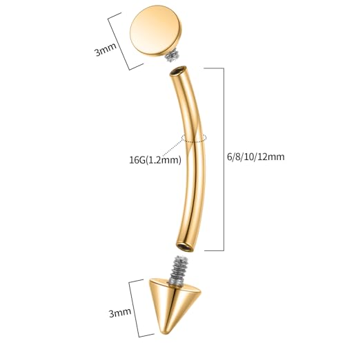 G23 Titanium Eyebrow Piercing Jewelry Eyebrow Rings Curved Barbell 16G Eyebrow Belly Button Ring Navel Rings Rook Daith Earrings Lip Ring Eyebrow Jewelry 6mm-12mm - color: 2PCS,Disc Bottom+Arrow Shape,Gold