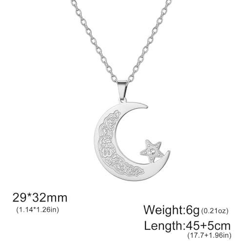 Islamic Ayatul Kursi Necklace Muslim Crescent Moon and Star Pendant Arabic Calligraphy Allah Amulet Religious Jewelry Eid Ramadan Gift for Women Men - color: silver