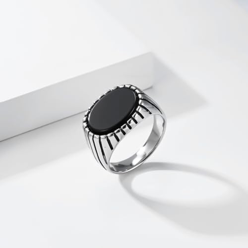 Oval Zircon Men's Grooved Signet | Retro Chunky Stainless Steel Geometric Band, Cool Industrial Statement Jewelry for Him, Biker Fashion Accessory - color: Oval Silver