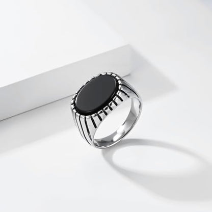 Oval Zircon Men's Grooved Signet | Retro Chunky Stainless Steel Geometric Band, Cool Industrial Statement Jewelry for Him, Biker Fashion Accessory - color: Oval Silver